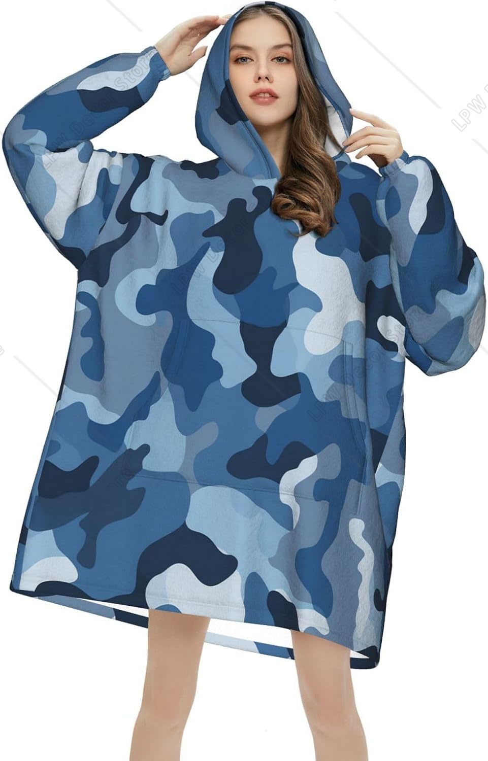 Sherpa Hoodie Fleece - クラシックブルーカモ柄ウェアラブルブランケットフーディー迷彩プリントオーバーサイズスウェットシャツブランケット居心地の良い暖かいシェルパフーデッドブランケット