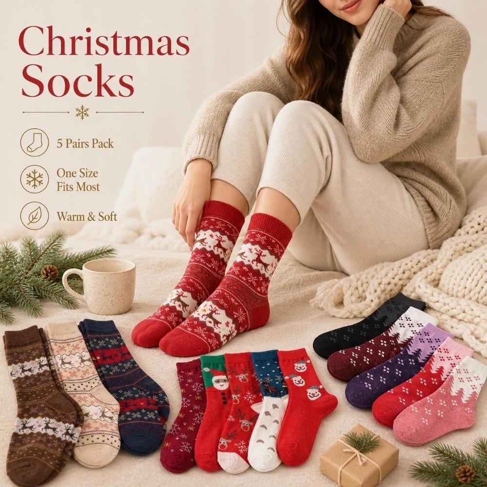 Thermal Sock Wool - 5足組 厚手クリスマス鹿柄ソックス 柔らかく快適な鹿柄ニット冬用ソックス ウール製保温ミッドカーフソックス