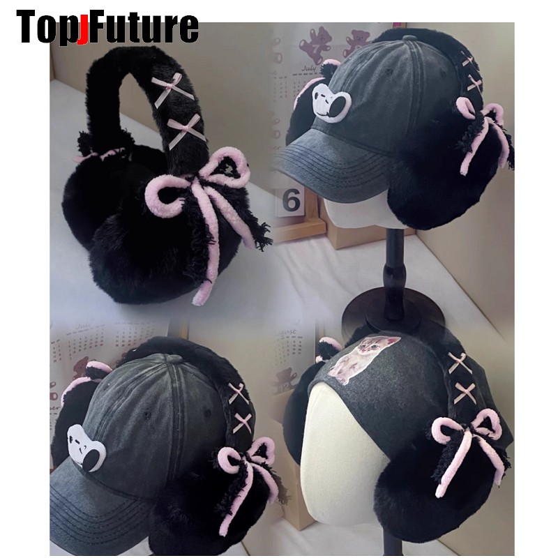 Earmuffs Foldable - 原宿 Y2k かわいい甘いロリータ弓毛皮のようなイヤーウォーマー女性女の子冬暖かいイヤーマフ折りたたみ屋外防寒耳カバー